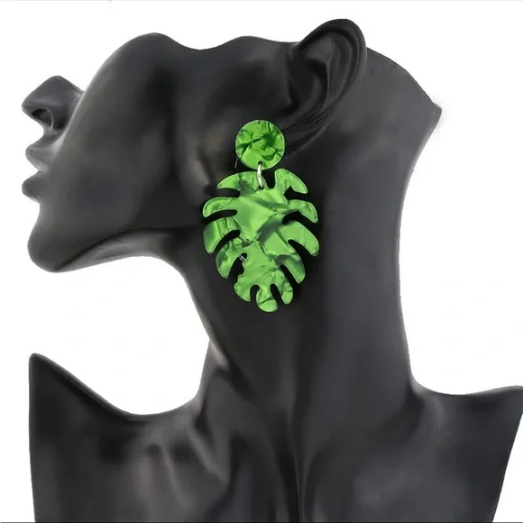 Tropical Monstera Leaf “Mila” Bohemian Palm Tree Green Acrylic Summer Earring - Picture 2 of 9